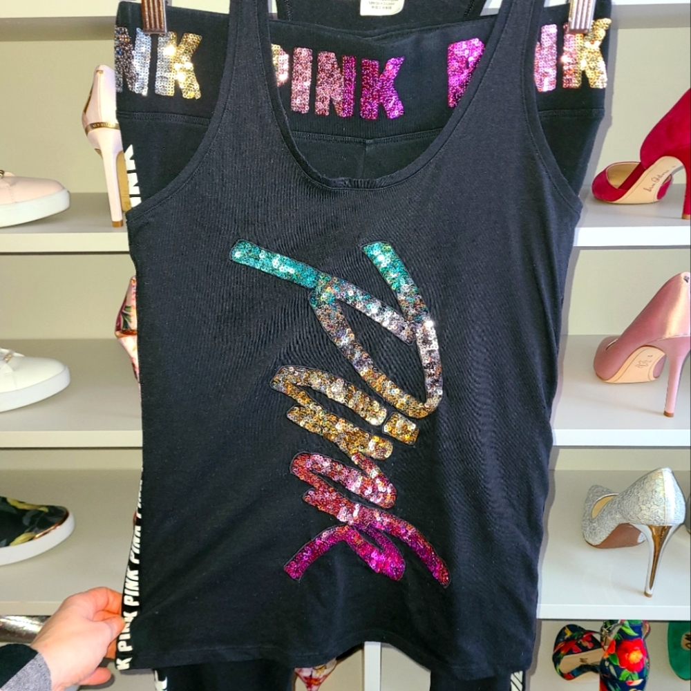 VS PINK 2-PC SET ombré rainbow sequin yoga legging Sz M and tank top Sz S